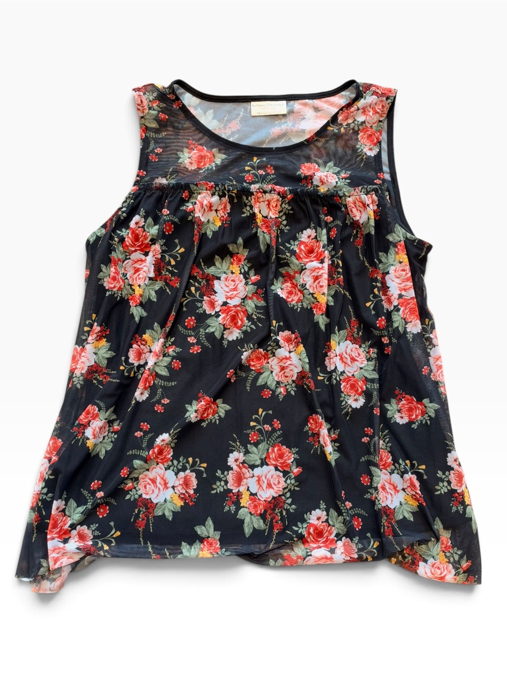 NWT Bobbie Brooks Plus Size 1X Black Floral Mesh Sleeveless Babydoll Top